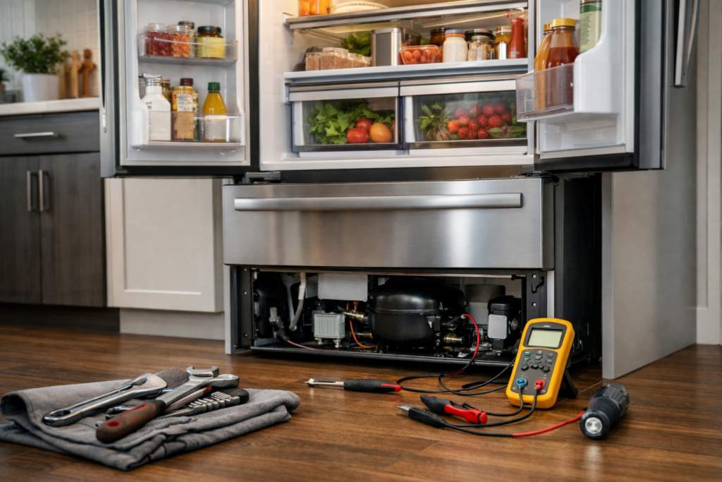 Technician inspecting a French door refrigerator in a modern kitchen during a maintenance checkup