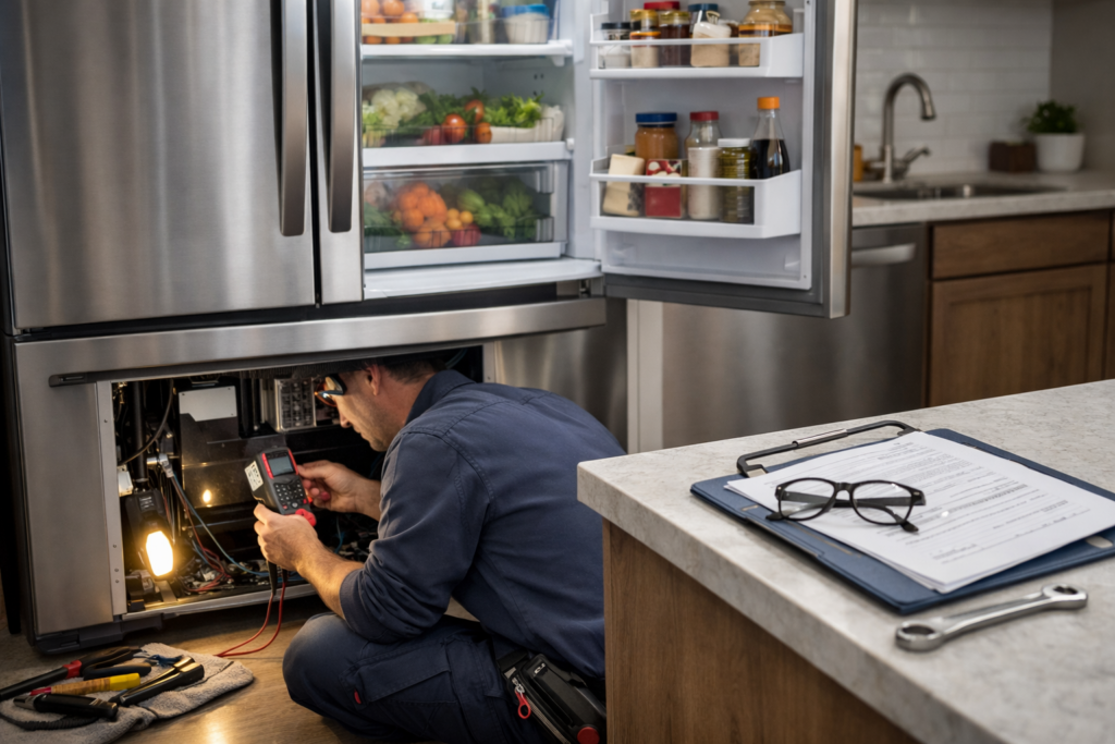 Technician inspecting open French door refrigerator in modern kitchen during repair diagnosis