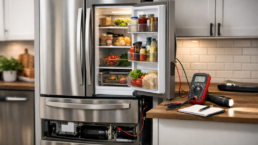 Technician inspecting a modern French door refrigerator in a bright kitchen, focusing on repair and reliability assessment