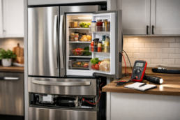 Technician inspecting a modern French door refrigerator in a bright kitchen, focusing on repair and reliability assessment