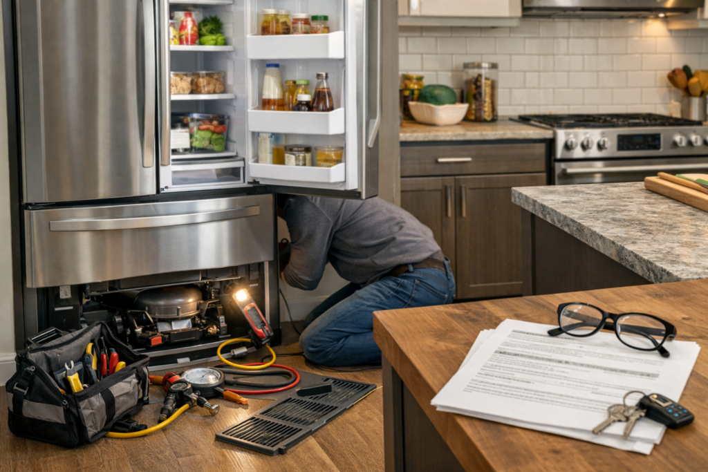 Technician inspecting a modern French door refrigerator in a bright kitchen, focusing on long-term reliability and repair