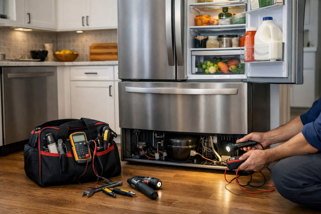 Technician inspecting a modern French door refrigerator in a bright kitchen during a repair assessment