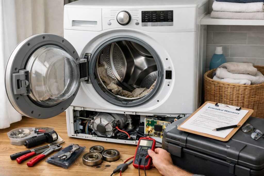 front load washer in modern laundry room with technician inspecting door seal and control panel for repair assessment