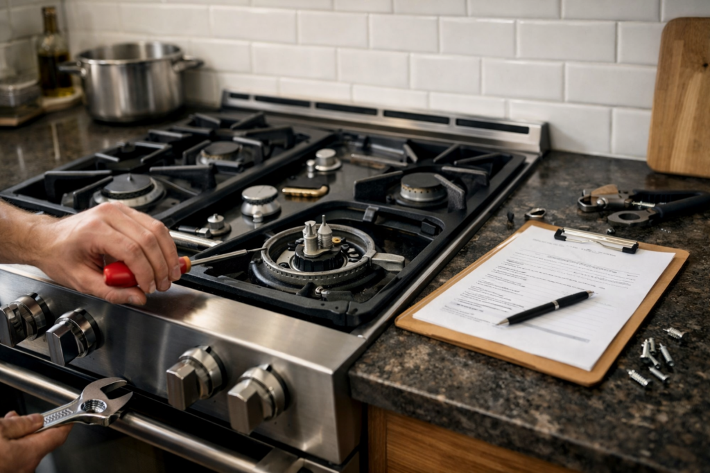 Modern kitchen gas range with open oven door and visible control knobs in a clean, well-lit home environment