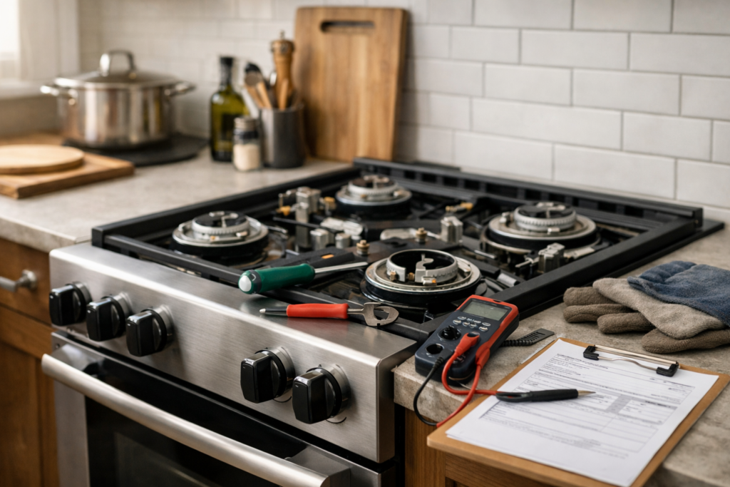 modern kitchen gas range with technician inspecting burners and tools nearby indicating repair assessment