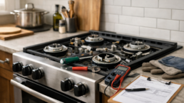 modern kitchen gas range with technician inspecting burners and tools nearby indicating repair assessment