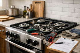 modern kitchen gas range with technician inspecting burners and tools nearby indicating repair assessment