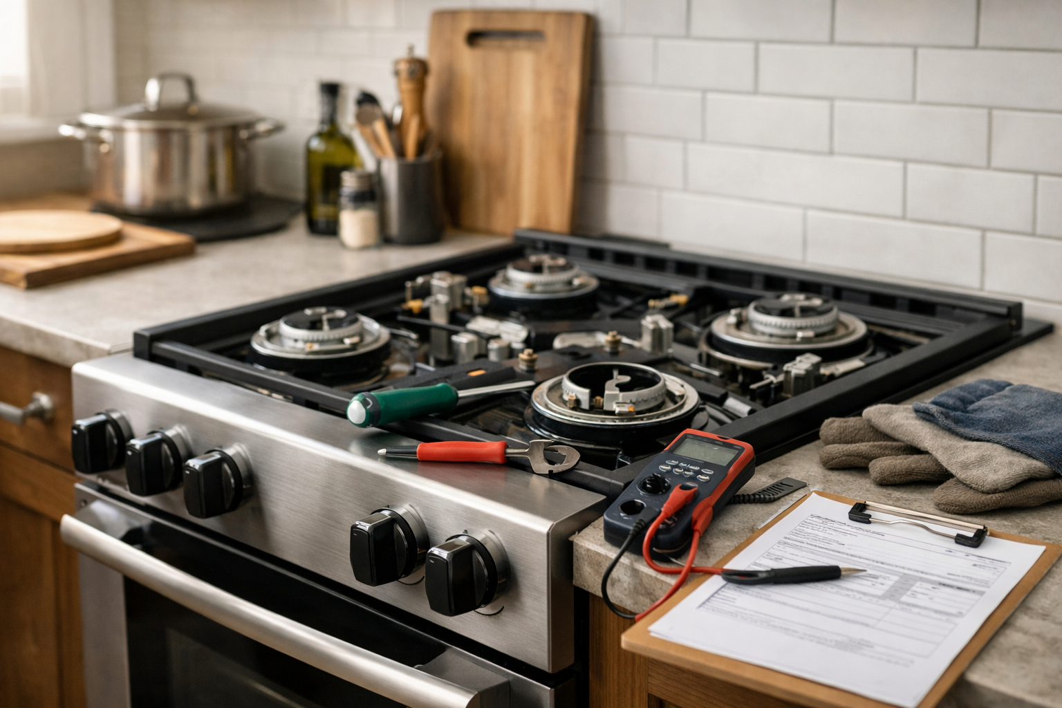 modern kitchen gas range with technician inspecting burners and tools nearby indicating repair assessment