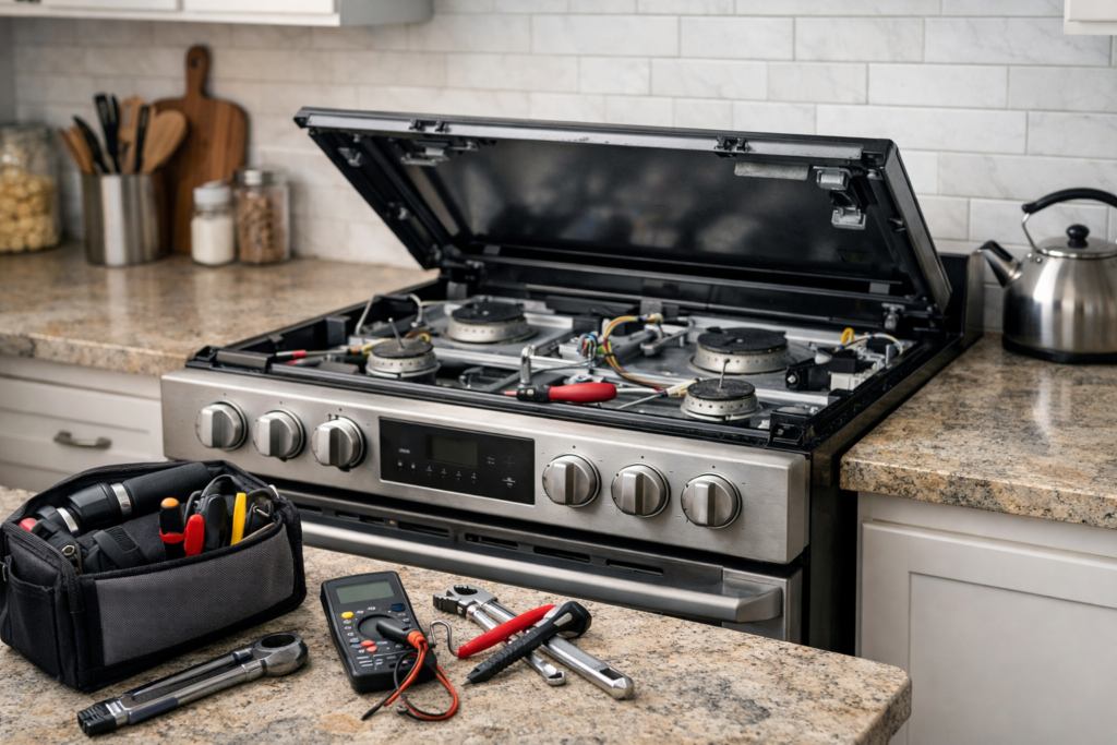 Close-up of a gas range with its control panel open and tools nearby indicating a repair in progress in a modern kitchen
