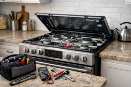 Close-up of a gas range with its control panel open and tools nearby indicating a repair in progress in a modern kitchen