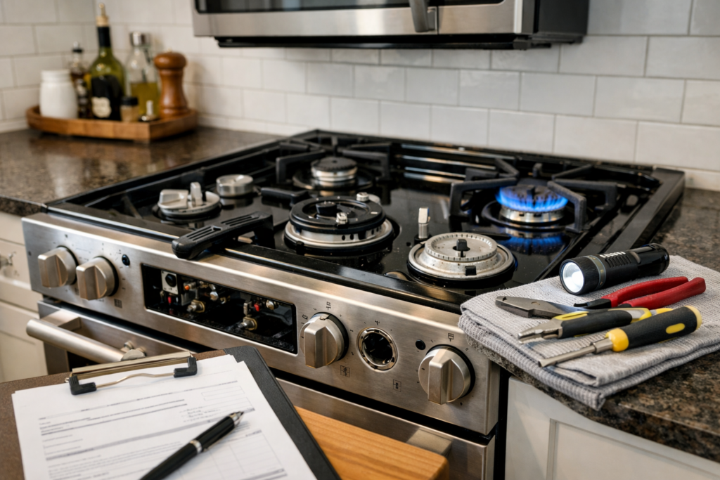 Technician inspecting a gas range burner in a modern kitchen during a maintenance check with repair tools nearby