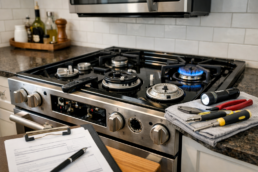 Technician inspecting a gas range burner in a modern kitchen during a maintenance check with repair tools nearby
