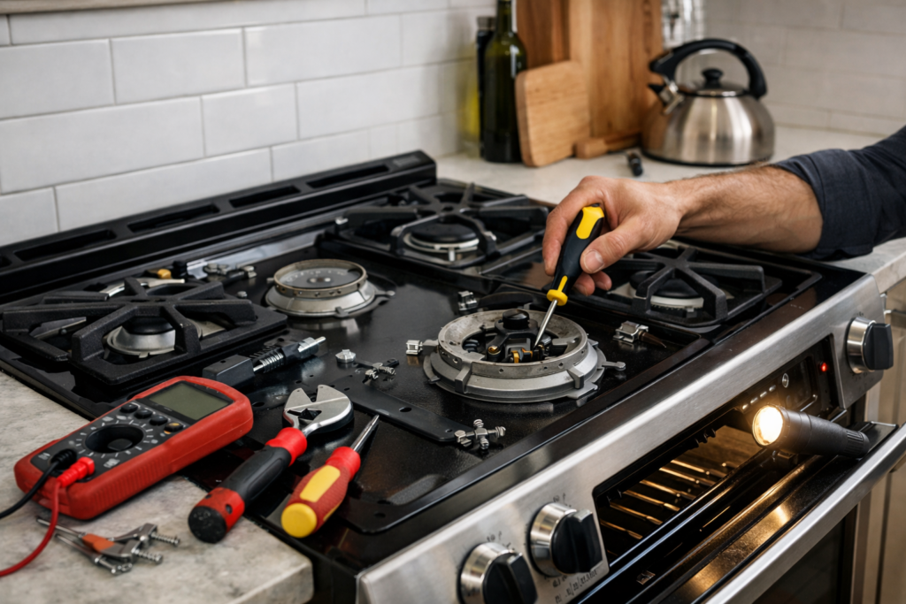 Technician inspecting a gas range stove in a modern kitchen with repair tools nearby and natural lighting