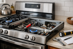 Technician inspecting a modern gas range in a clean kitchen during a repair and reliability assessment session