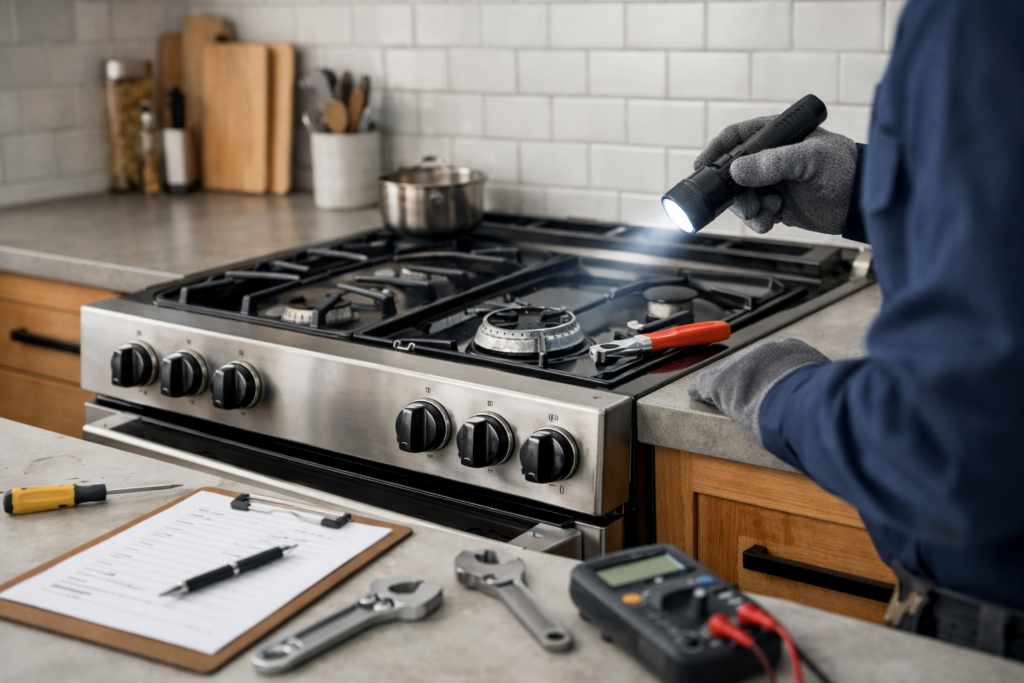 Modern gas range in a clean kitchen with a technician inspecting the appliance for long-term reliability and repair issues