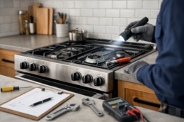 Modern gas range in a clean kitchen with a technician inspecting the appliance for long-term reliability and repair issues