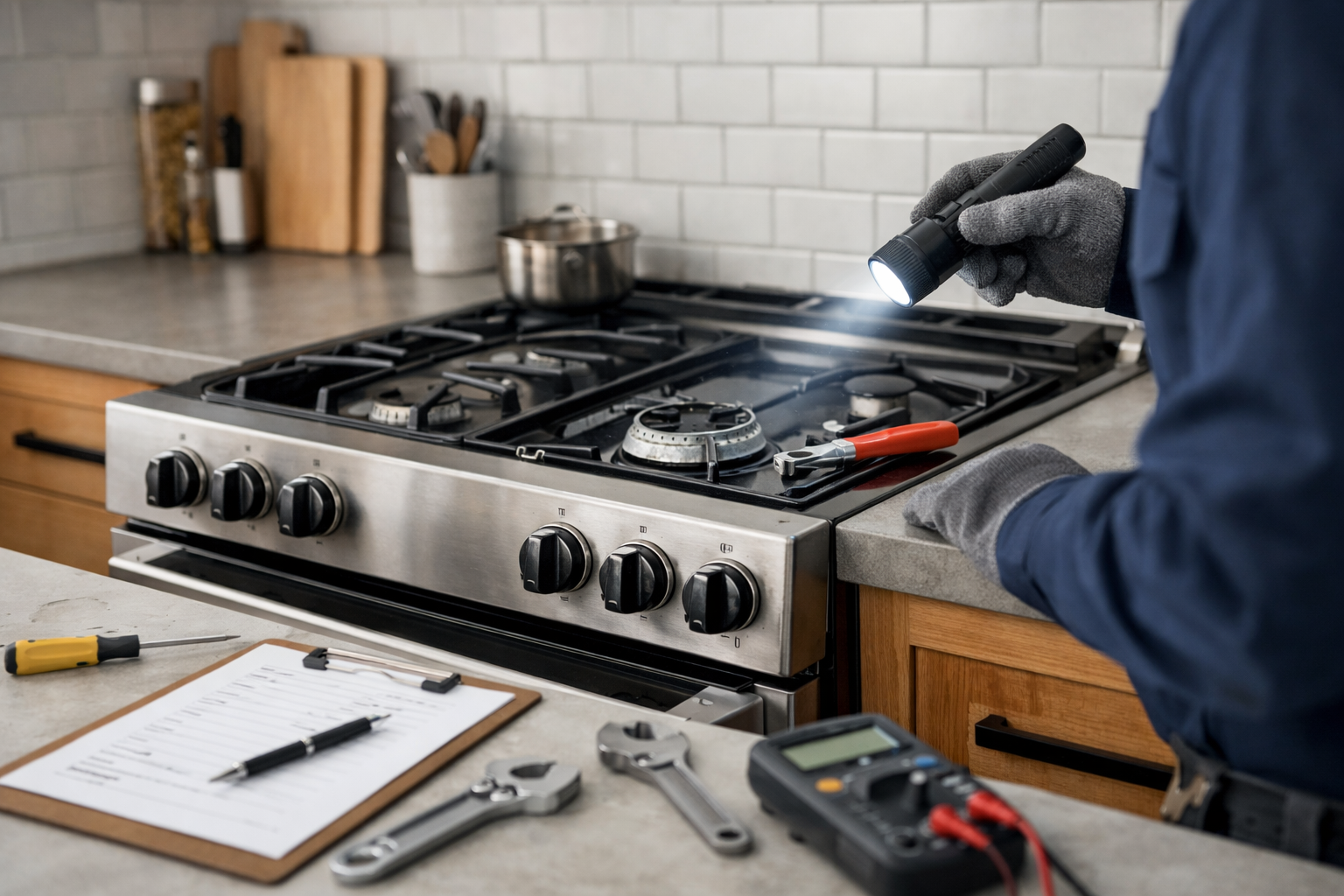 Modern gas range in a clean kitchen with a technician inspecting the appliance for long-term reliability and repair issues