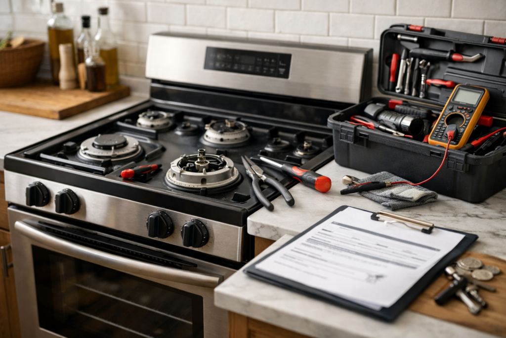 Close-up of a gas range stove with visible burner and repair tools on a kitchen countertop in a modern home setting