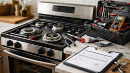 Close-up of a gas range stove with visible burner and repair tools on a kitchen countertop in a modern home setting