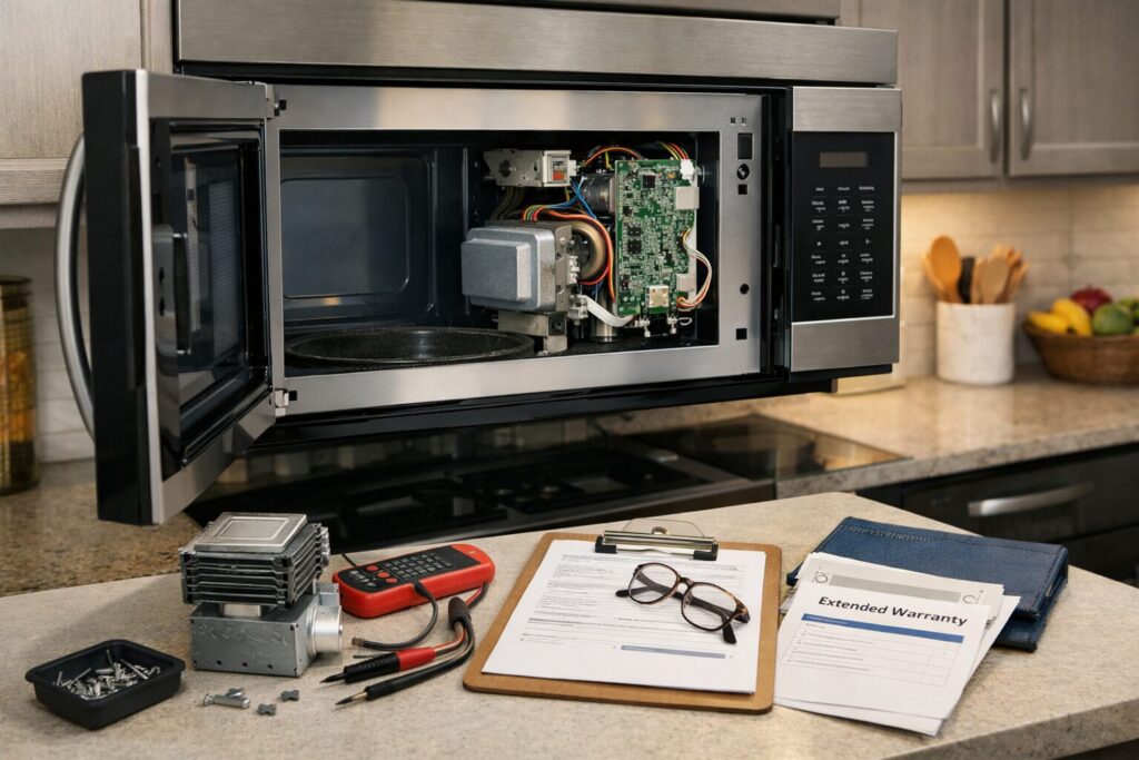 technician inspecting microwave oven control panel in modern kitchen repair setting with tools nearby