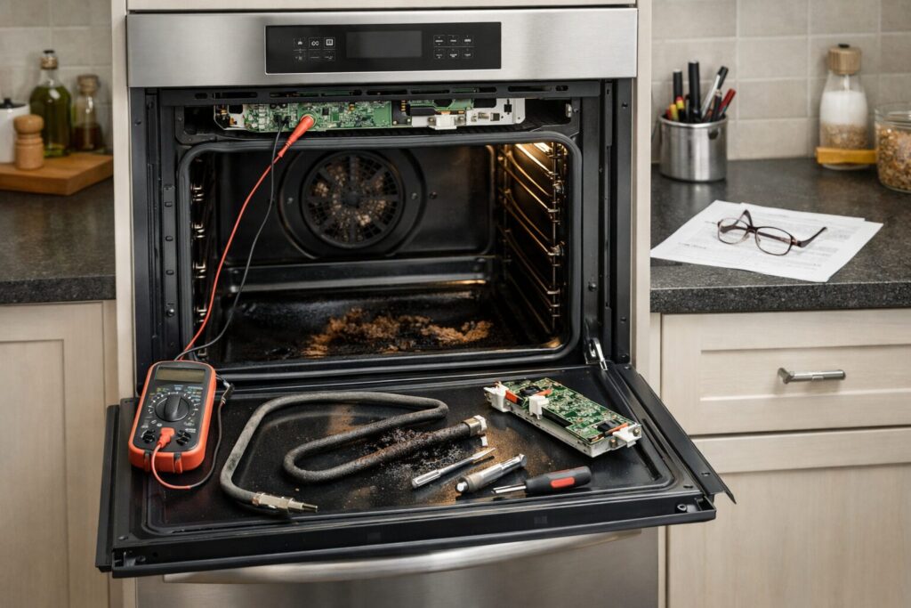 Technician inspecting oven control panel in modern kitchen with repair tools on counter nearby