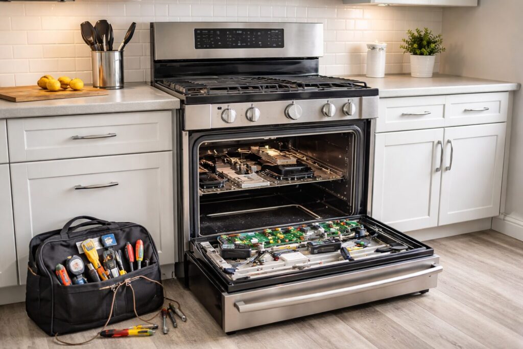 Modern kitchen range with visible control panel and repair tools laid out on countertop in bright home setting