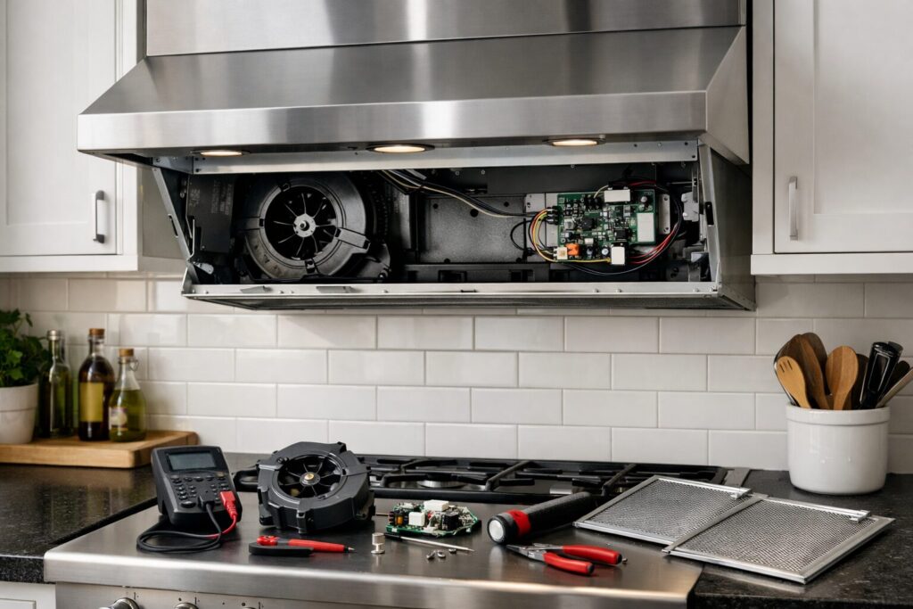Technician inspecting a modern range hood in a clean kitchen, tools nearby, focusing on repair assessment and maintenance