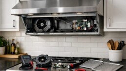 Technician inspecting a modern range hood in a clean kitchen, tools nearby, focusing on repair assessment and maintenance