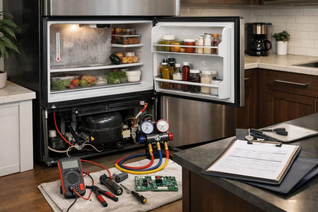 Technician inspecting refrigerator compressor in a modern kitchen during a repair service visit