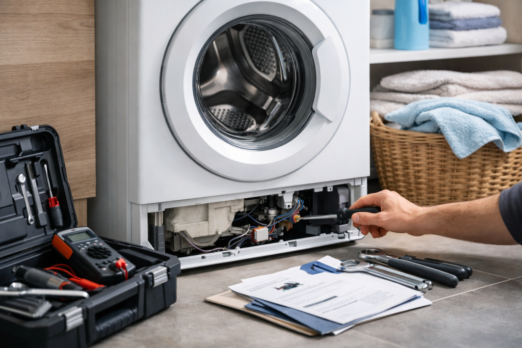 Technician inspecting washing machine in modern laundry room with warranty paperwork on nearby counter