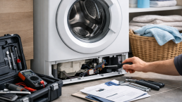 Technician inspecting washing machine in modern laundry room with warranty paperwork on nearby counter