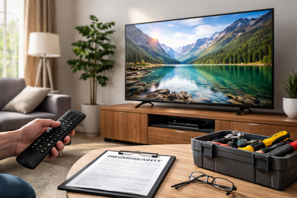 modern flat-screen television on a stand in a living room setting with soft natural lighting
