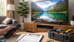 modern flat-screen television on a stand in a living room setting with soft natural lighting