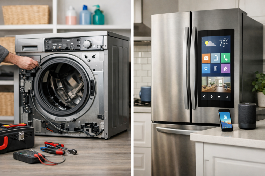 Technician inspecting a modern smart refrigerator in a contemporary kitchen setting with repair tools nearby