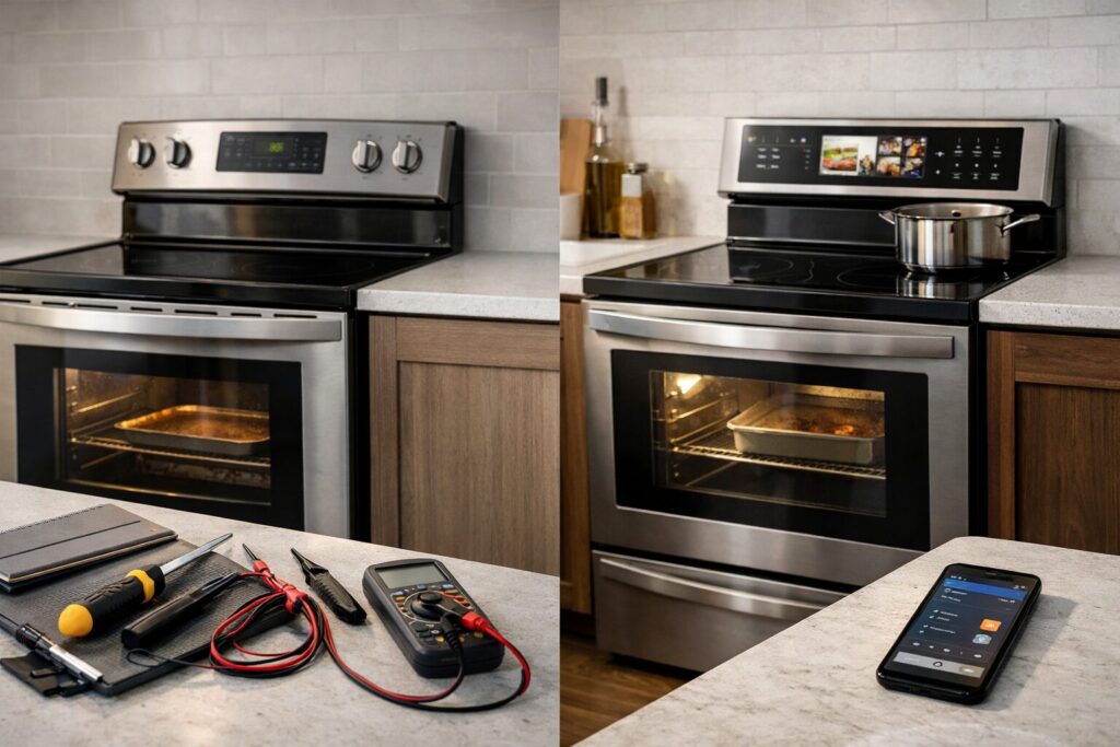 modern kitchen with side-by-side regular electric range and smart electric range showing control panels and cooking surfaces