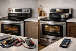 modern kitchen with side-by-side regular electric range and smart electric range showing control panels and cooking surfaces