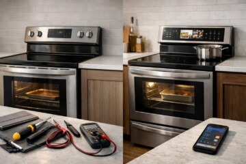 modern kitchen with side-by-side regular electric range and smart electric range showing control panels and cooking surfaces