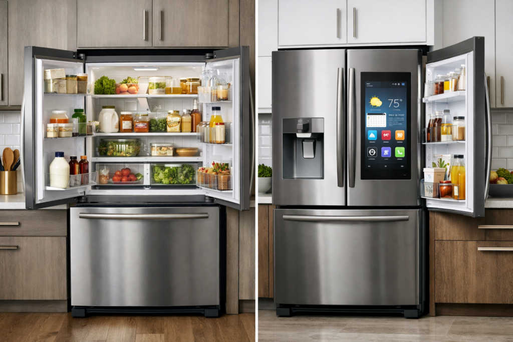 modern kitchen with side-by-side regular and smart French door refrigerators showing touchscreen and control panel features