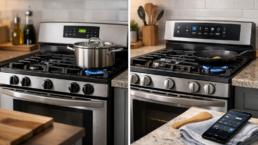 Modern kitchen featuring a side-by-side regular gas range and smart gas range with digital controls and connected display