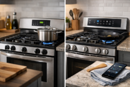 Modern kitchen featuring a side-by-side regular gas range and smart gas range with digital controls and connected display