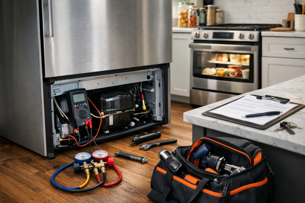 Technician inspecting a modern refrigerator in a bright kitchen preparing for appliance repair service