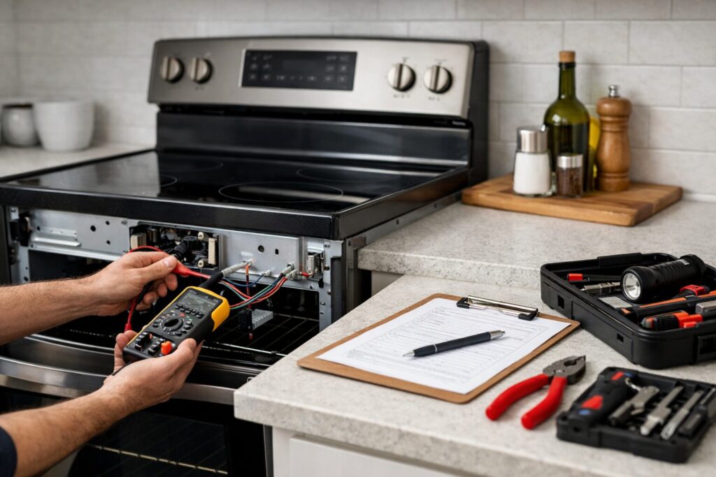 Electric range with open oven door and visible control panel in a modern kitchen setting showing repair tools nearby