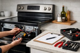 Electric range with open oven door and visible control panel in a modern kitchen setting showing repair tools nearby