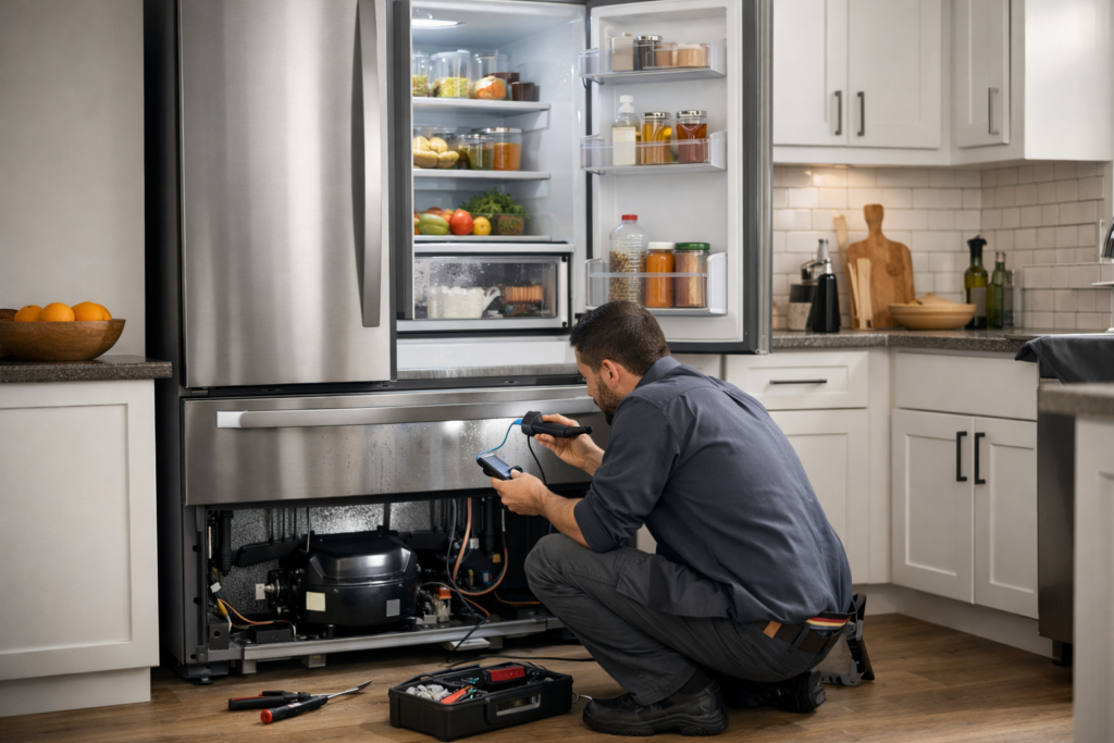 Technician inspecting open French door refrigerator in modern kitchen with repair tools nearby