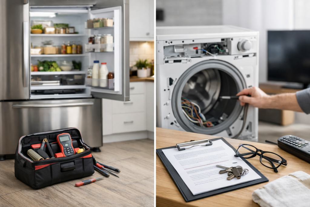 Technician inspecting a modern refrigerator in a bright kitchen with warranty documents and repair tools nearby