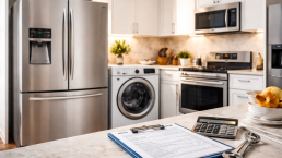 various household appliances including refrigerator, washing machine, and dishwasher arranged together symbolizing appliance