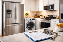 various household appliances including refrigerator, washing machine, and dishwasher arranged together symbolizing appliance