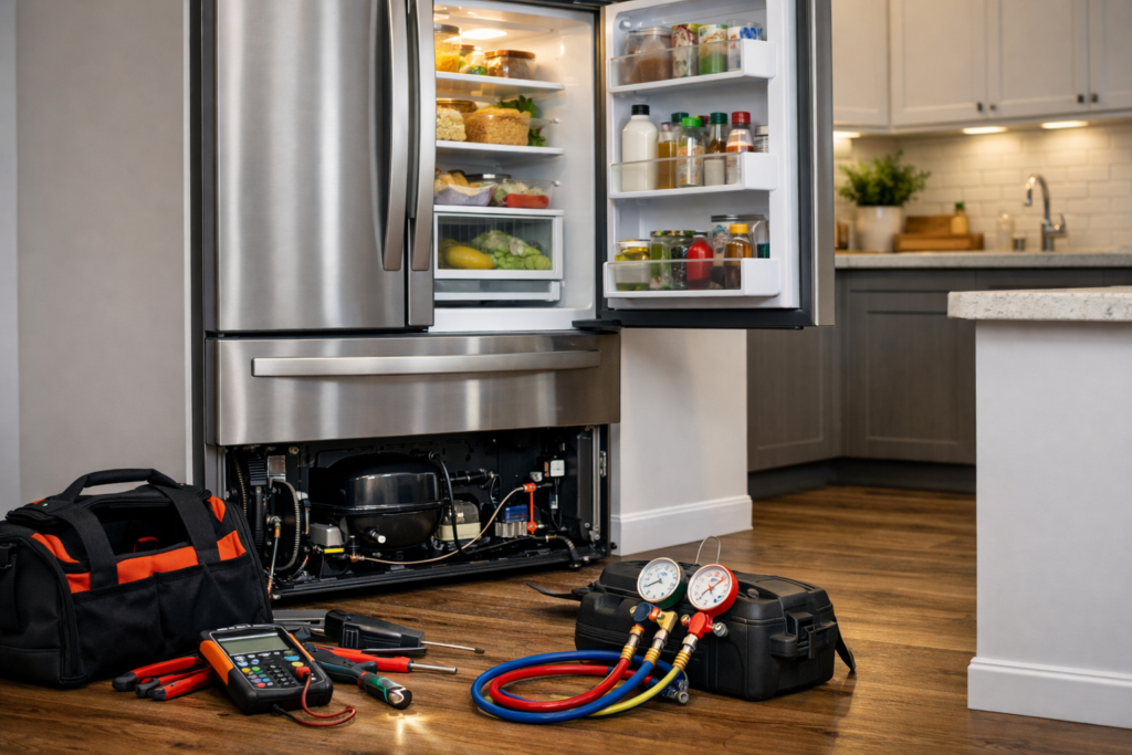Technician inspecting open French door refrigerator in modern kitchen with repair tools nearby