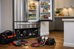 Technician inspecting open French door refrigerator in modern kitchen with repair tools nearby