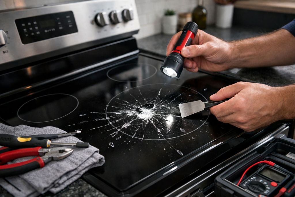 cracked glass top on electric range in modern kitchen with repair tools nearby and natural lighting